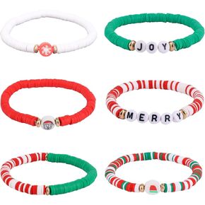 6pcs Christmas Bracelet, Stackable Xmas Bracelets Cute Clay Beaded Stretch Festive Bracelets Christmas Jewelry Christmas for Women Costume Party Favors