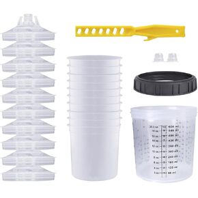 Disposable Paint Sprayer Mixing Cup for Automotive Paint Gun, HVLP Paint Spray Paint Gun 20 Ounce (600ml) Kit with 10 Cups and Lids System, 1 Hard Cup with Retainer Ring and 2 Plugs