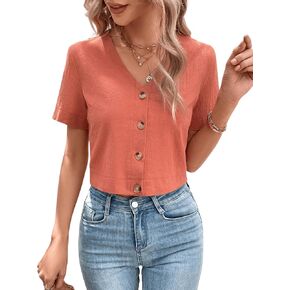 Women's Crop Tops Button Front V Neck Blouses Dressy Casual Short Sleeve Office Shirts