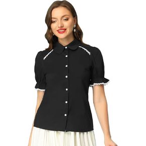 Allegra K Vintage Peter Pan Collar Blouse for Women's 2023 Short Sleeve Button Down Shirt