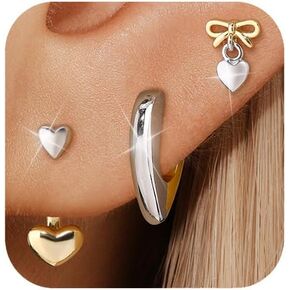 14K Two Tone Gold Silver Hoop Earrings for Women, Heart coquette earrings, Gold Heart Dangle Earrings For Women Ribbon Bow Dangle Earrings Sterling silver