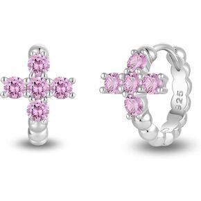Starchenie 925 Sterling Silver Cross Hoop Earrings for Women 15mm Dainty Small Birthstones Cross Huggie Hoop Earrings Jewelry Gift