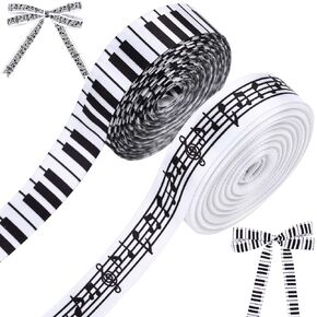 2 Rolls 20 Yards Music Satin Ribbon, 5/8 Inch Piano Keys Musical Notes Craft Ribbon Black and White Fabric Ribbon for Gift Packaging Party Decoration Sewing Craft