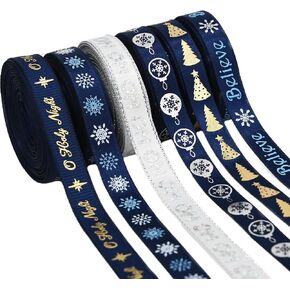 Christmas Satin Ribbon Set, 3/8 Inch, 30 Yards Total, 6 Rolls,Blue White Snowflake Christmas Tree Ribbon for Hair Bow Clip Gift Wrapping Crafts Xmas Decoration