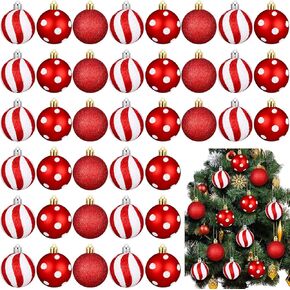 Lenwen 54 Pcs Christmas Balls Ornaments Mini Red and White Christmas Tree Ornaments Xmas Striped Dots Shatterproof Plastic Hanging Ornaments for Tree Holiday Party Christmas Decorations, 1.18inch