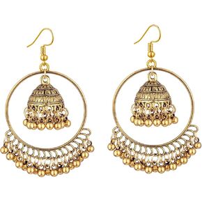 Vintage Bell Tassel Indian Earrings Gold Silver Plated Boho Handmade Antique Bollywood Gypsy Tibetan Jhumka Peacock Dangle Drop Earrings for Women Girls Ethnic Style Traditional Jewelry Gifts