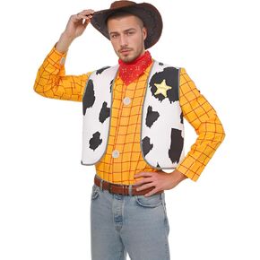 Cowboy Costume Tartan Shirt Men's Lapel T-Shirt Button Down Vest Scarf