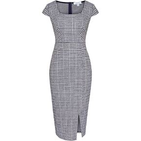 JASAMBAC Women's Vintage Midi Work Pencil Dress Tweed Cap Sleeve Sheath Dress Square Neck Wedding Guest Dresses Women Dark Blue