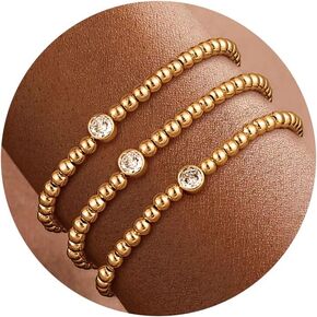 Gold Beaded Bracelets for Women: Waterproof 14k Gold Plated Dainty Stretch Stackable Pearl Bracelet Set Non Tarnish Jewelry for Women Trendy
