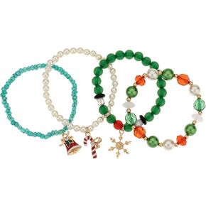 Madison Tyler 4 PC Christmas charms Jingle Bell Stretch Bracelet Set | Colorful Candy cane snowflake | Bell Charms | Novelty Holiday Beaded Bracelets Set Gifts for Women