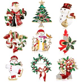 Sinmoe 9 Pieces Christmas Brooch Pins Set for Women Rhinestone Crystal Christmas Jewelry Snowman Bells Trees Xmas Element Pins for Xmas Decorations