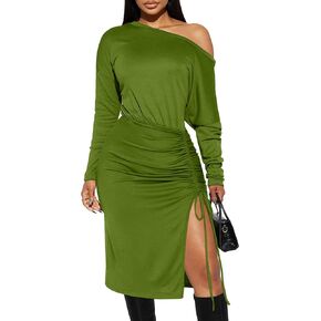 GOKATOSAU Women's One Off Shoulder Long Sleeve Split Adjustable Drawstring Ruched Midi Dress