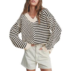 Saodimallsu Womens Checkered Striped Sweater V Neck Long Sleeve 2024 Fall Trendy Loose Knit Cozy Pullover Tops