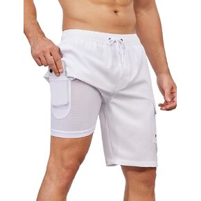 SILKWORLD Men's Swim Trunks with Compression Liner Quick Dry Bathing Suits 9 Inch Swimming Shorts with Cargo Pockets