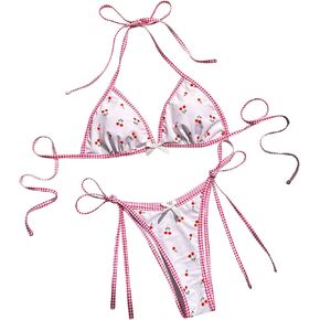 WDIRARA Women's Cherry Print Bikini Set Halter Triangle Swimsuit Tie Side 2 Piece Bathing Suits