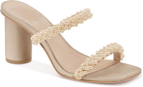 Guayonng Womens Chunky Heeled Sandals Pearl Strappy Open Square Toe Slip-on Block Heels Backless Mules Shoes in Kuwait