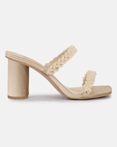 Guayonng Womens Chunky Heeled Sandals Pearl Strappy Open Square Toe Slip-on Block Heels Backless Mules Shoes in Kuwait