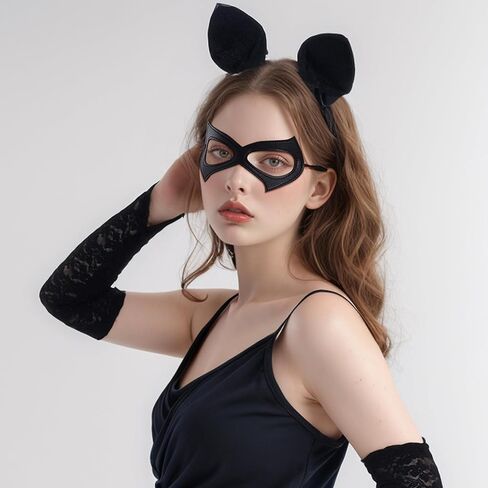 قناع عين نصف قطة من الجلد الأسود، قناع نسائي للقطط، قناع تنكر للنساء، إكسسوار أزياء الهالوين التنكرية in Kuwait