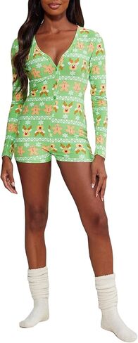 RUEWEY Women Christmas Pajamas Romper Bodycon Jumpsuit Long Sleeve V Neck Xmas One Piece Pjs Bodysuit Loungewear Sleepwear in Saudi Arabia