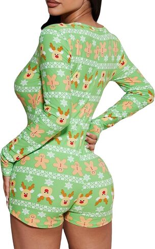 RUEWEY Women Christmas Pajamas Romper Bodycon Jumpsuit Long Sleeve V Neck Xmas One Piece Pjs Bodysuit Loungewear Sleepwear in Saudi Arabia