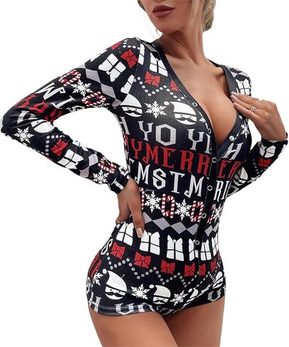 RUEWEY Women Christmas Pajamas Romper Bodycon Jumpsuit Long Sleeve V Neck Xmas One Piece Pjs Bodysuit Loungewear Sleepwear in Saudi Arabia