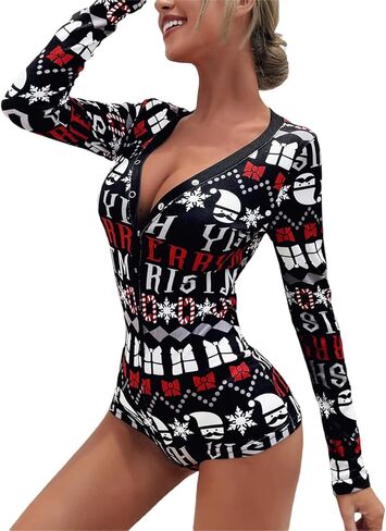 RUEWEY Women Christmas Pajamas Romper Bodycon Jumpsuit Long Sleeve V Neck Xmas One Piece Pjs Bodysuit Loungewear Sleepwear in Saudi Arabia