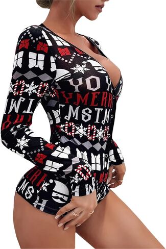 RUEWEY Women Christmas Pajamas Romper Bodycon Jumpsuit Long Sleeve V Neck Xmas One Piece Pjs Bodysuit Loungewear Sleepwear in Saudi Arabia