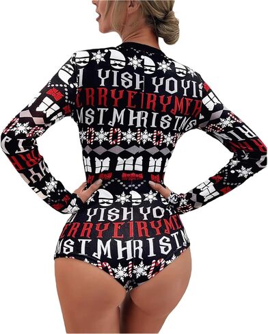 RUEWEY Women Christmas Pajamas Romper Bodycon Jumpsuit Long Sleeve V Neck Xmas One Piece Pjs Bodysuit Loungewear Sleepwear in Saudi Arabia