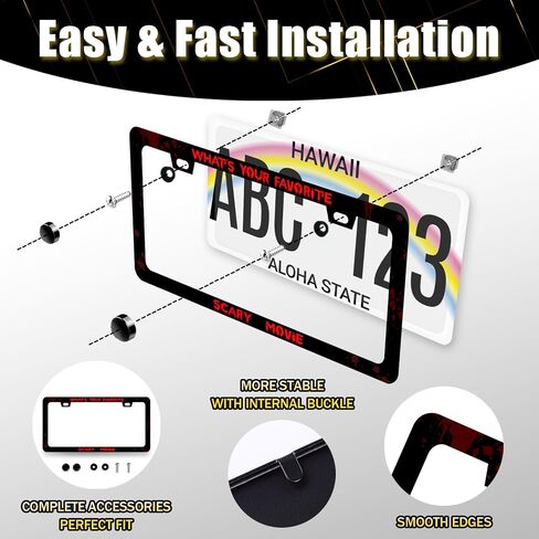 Funny License Plate Frame What‘s Your Favorite Scary Movie License Plate Holder Stainless Steel Rust-Proof Auto Parts Blood License Plate Decoration for Men Women Size 12.2" x 6.2" with Screws in Kuwait