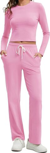 Women's Cotton 2 Piece Outfits Lounge Sets Long Sleeve T-Shirts Crop Tops Straight Leg Pants Sweatsuit Tracksuit Sets in Saudi Arabia