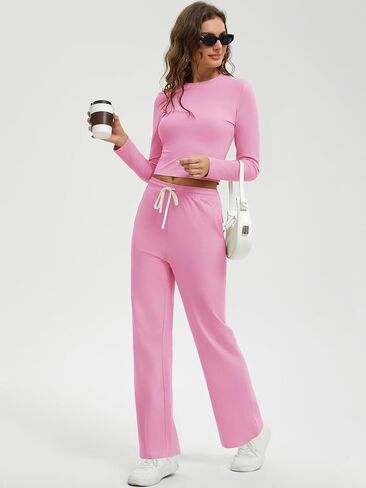 Women's Cotton 2 Piece Outfits Lounge Sets Long Sleeve T-Shirts Crop Tops Straight Leg Pants Sweatsuit Tracksuit Sets in Saudi Arabia