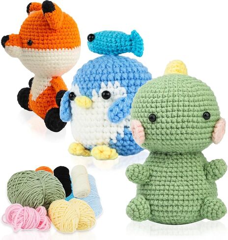 MJRASG 3 Pcs Crochet Dinosaur Crochet Kit for Beginners Adults Easy Crochet Kit for Beginners Dinosaur Crochet Animal Kit Penguin Crochet Kit Crochet Fox Kit Crochet Learn to Crochet Starter Kit in Saudi Arabia