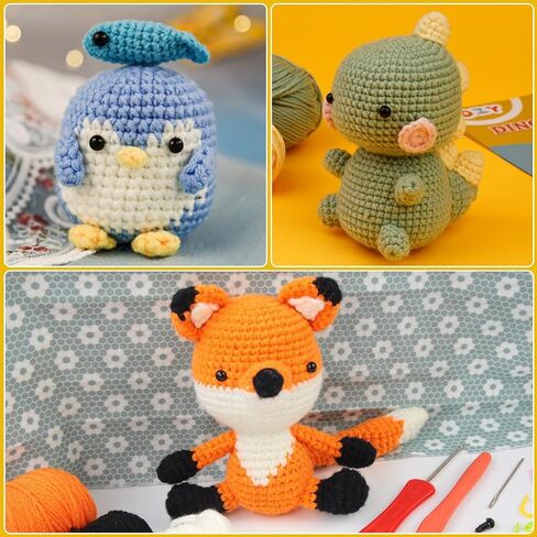 MJRASG 3 Pcs Crochet Dinosaur Crochet Kit for Beginners Adults Easy Crochet Kit for Beginners Dinosaur Crochet Animal Kit Penguin Crochet Kit Crochet Fox Kit Crochet Learn to Crochet Starter Kit in Saudi Arabia