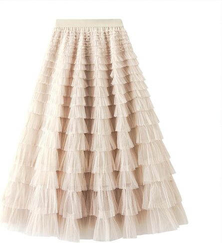 Women’s 18 Layered Ruffles Tulle Skirt Pleated High Waist Fluffy Fairy Cake Dress Long Tutu Party Skirt Maxi Skirt in Saudi Arabia