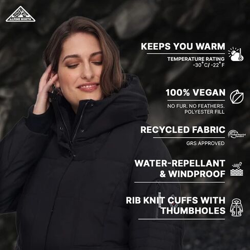 سترة نسائية نباتية متوسطة الطول من ALPINE NORTH - معطف شتوي معزول وطارد للماء مع غطاء للرأس، سترة للنساء in Kuwait