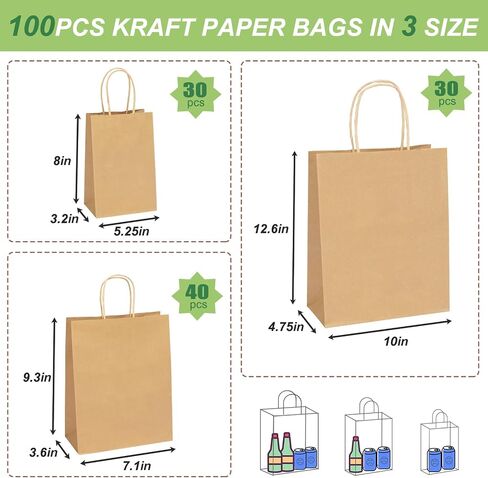 Moretoes 100pcs Brown Paper Bags with Handles Assorted Sizes Mixed Sizes Bulk Kraft Paper Gift Bags Take Out Bags for Business, Merchandise, Shopping, Retail, Favors Grocery in Saudi Arabia