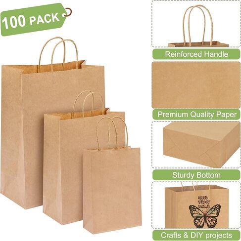 Moretoes 100pcs Brown Paper Bags with Handles Assorted Sizes Mixed Sizes Bulk Kraft Paper Gift Bags Take Out Bags for Business, Merchandise, Shopping, Retail, Favors Grocery in Saudi Arabia