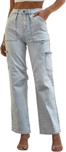 Dokotoo Women 6 Pockets High Waisted Cargo Pants Wide Leg Casual Pants Combat Military Trouser US 4-18 in Kuwait