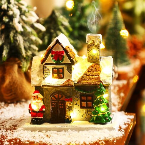 Christmas Incense Burner Village House with Light String Resin Backflow Incense Holder Gift Cabin Winter Snowy Town with Xmas Tree Snowman for Holiday Fireplace Tabletop Decoration(Simple) in Saudi Arabia