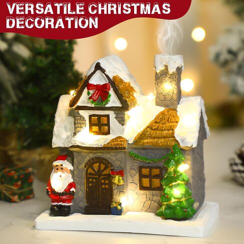 Christmas Incense Burner Village House with Light String Resin Backflow Incense Holder Gift Cabin Winter Snowy Town with Xmas Tree Snowman for Holiday Fireplace Tabletop Decoration(Simple) in Saudi Arabia