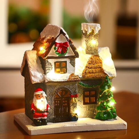 Christmas Incense Burner Village House with Light String Resin Backflow Incense Holder Gift Cabin Winter Snowy Town with Xmas Tree Snowman for Holiday Fireplace Tabletop Decoration(Simple) in Saudi Arabia