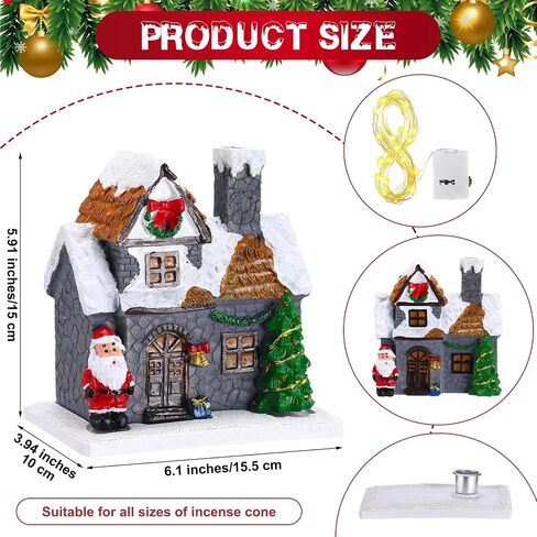 Christmas Incense Burner Village House with Light String Resin Backflow Incense Holder Gift Cabin Winter Snowy Town with Xmas Tree Snowman for Holiday Fireplace Tabletop Decoration(Simple) in Saudi Arabia