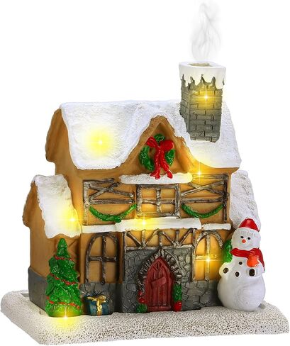 Christmas Incense Burner Village House with Light String Resin Backflow Incense Holder Gift Cabin Winter Snowy Town with Xmas Tree Snowman for Holiday Fireplace Tabletop Decoration(Simple) in Saudi Arabia