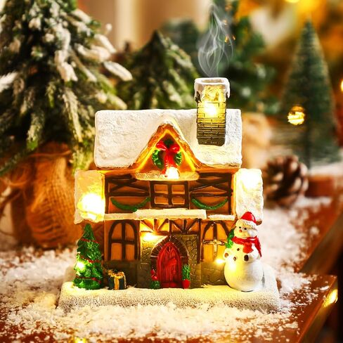Christmas Incense Burner Village House with Light String Resin Backflow Incense Holder Gift Cabin Winter Snowy Town with Xmas Tree Snowman for Holiday Fireplace Tabletop Decoration(Simple) in Saudi Arabia