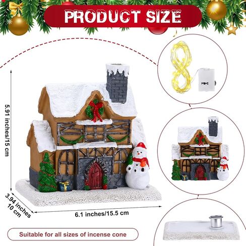 Christmas Incense Burner Village House with Light String Resin Backflow Incense Holder Gift Cabin Winter Snowy Town with Xmas Tree Snowman for Holiday Fireplace Tabletop Decoration(Simple) in Saudi Arabia