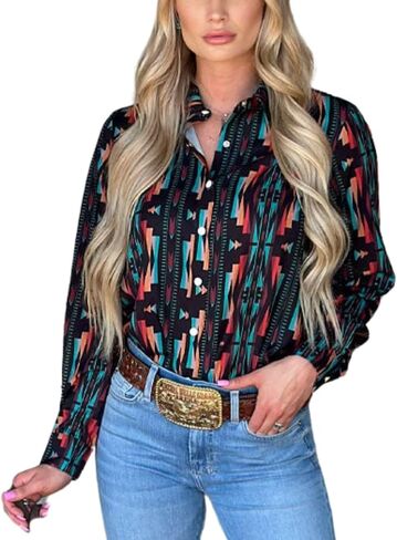 Women's Retro Aztec Shirt Western Cowgirl Pearl Snap Blouses Button Up Long Sleeve Ethnic Printed Top in Saudi Arabia