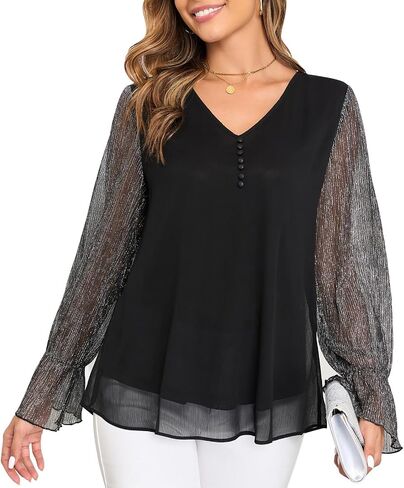 Women's Long Sleeve Tops Dressy Casual V Neck Loose Chiffon Blouse Elegant Shirts in Saudi Arabia