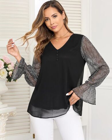 Women's Long Sleeve Tops Dressy Casual V Neck Loose Chiffon Blouse Elegant Shirts in Saudi Arabia