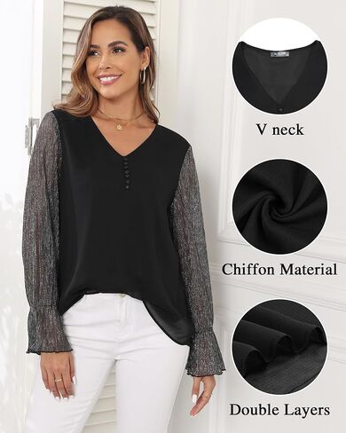 Women's Long Sleeve Tops Dressy Casual V Neck Loose Chiffon Blouse Elegant Shirts in Saudi Arabia
