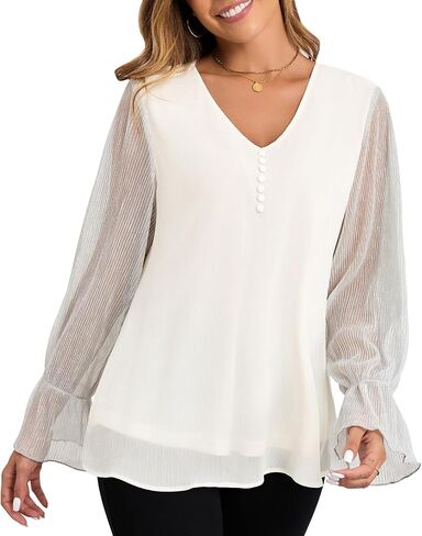 Women's Long Sleeve Tops Dressy Casual V Neck Loose Chiffon Blouse Elegant Shirts in Saudi Arabia